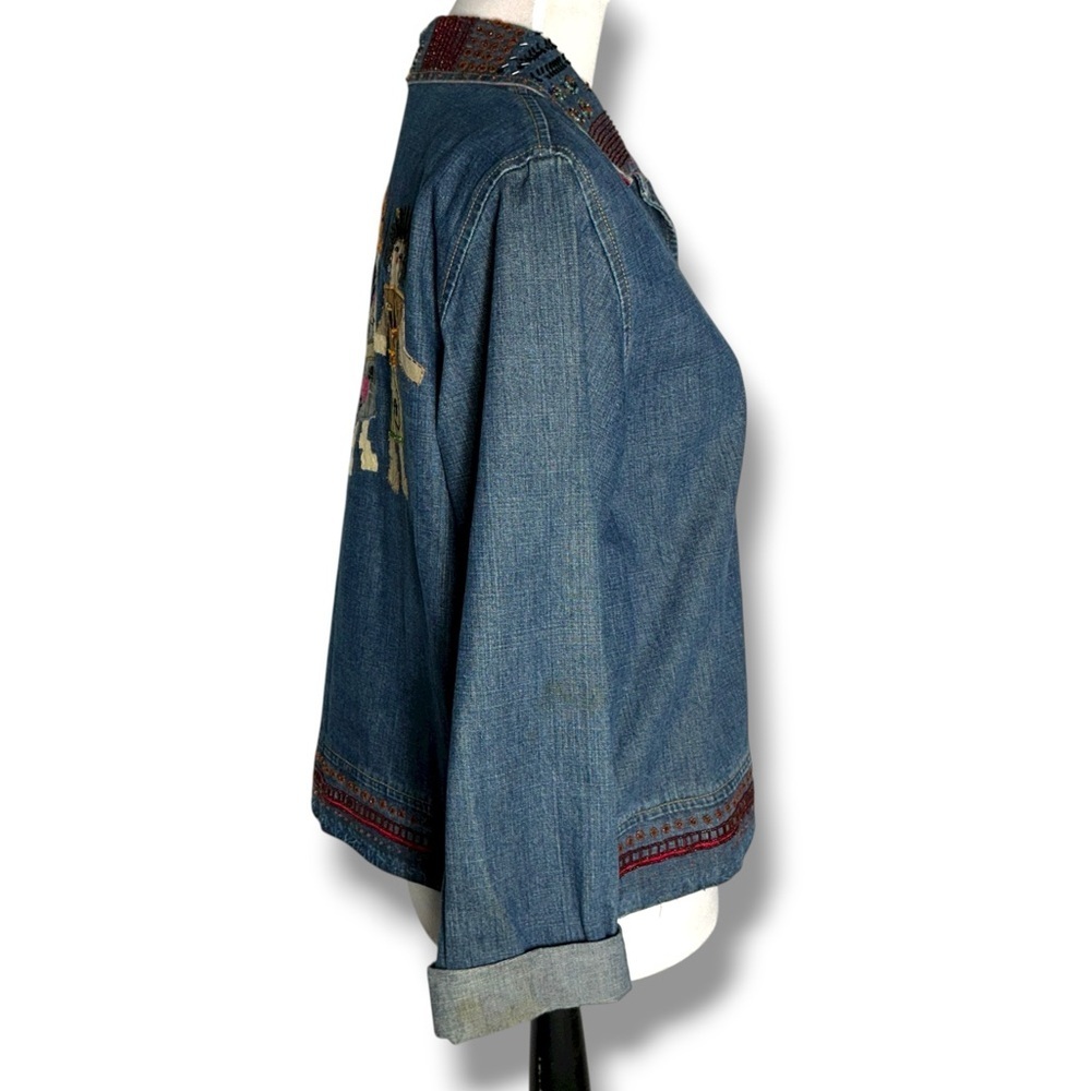 Chico’s Jean Jacket Denim Embroidered Friends Beaded Applique Button Up Small - Picture 6 of 15
